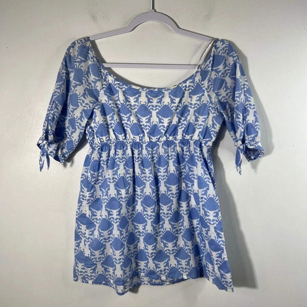 Womens Vintage Lilly Pulitzer Baby Doll Crab Blouse Blue White 4 Cotton